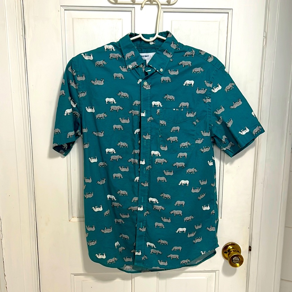 Old navy teal button up shirt with rhinos 🦏 adorning it. Size small
